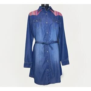Wrangler Size Large Denim Jean Pearl Snap Shirt Dress Cowgirl Boho Western Rodeo